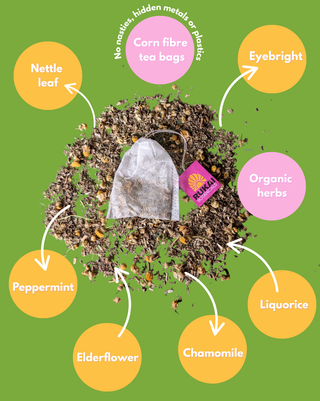 Hayfever allergy relief organic tea blend with nettle leaf, peppermint, eyebright, chamomile in corn fibre tea bags. Sinus relief - Rukai Botanicals