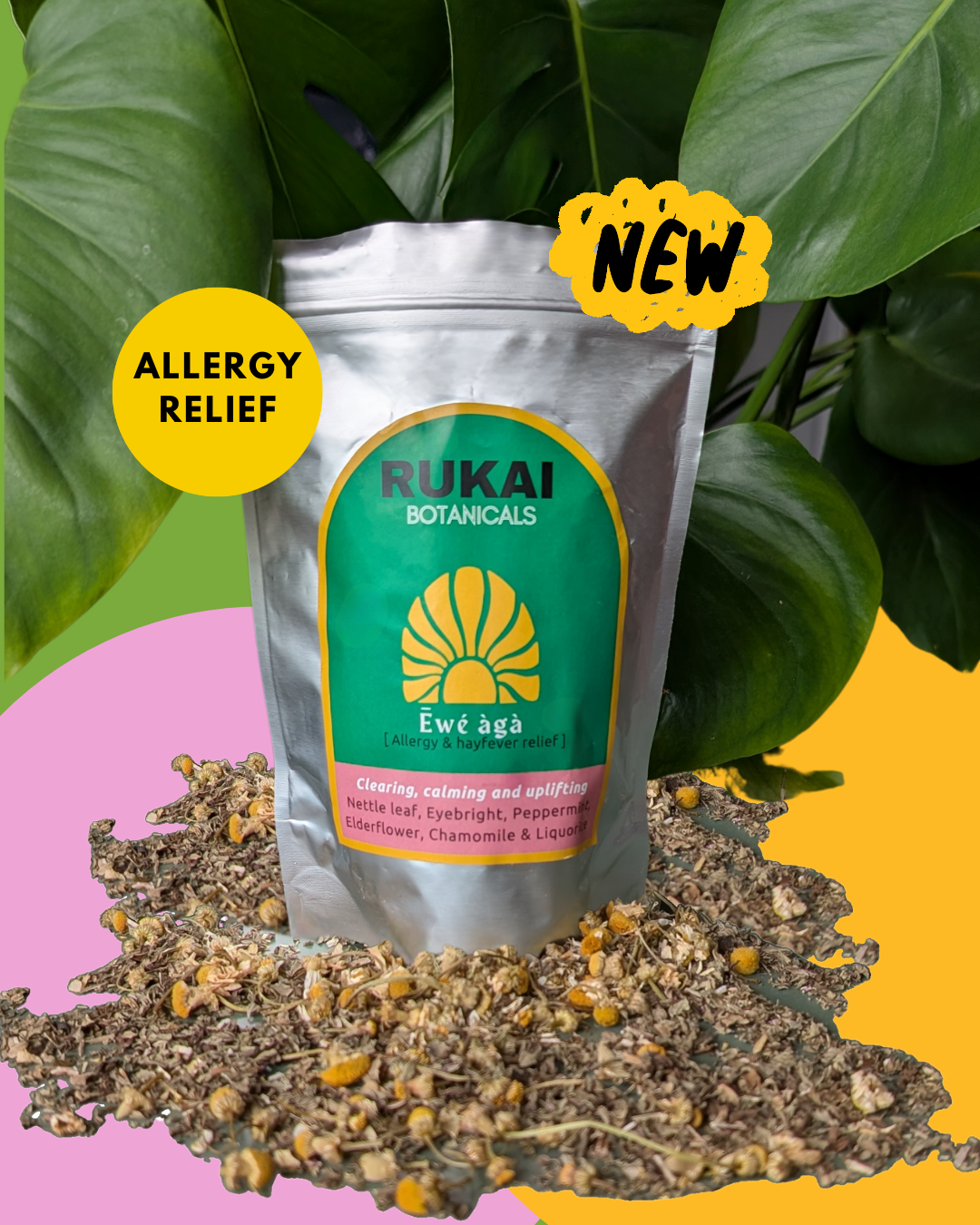 Hayfever allergy relief organic tea blend with anti histamine nettle leaf, peppermint, eyebright, chamomile in corn fibre tea bags. Sinus relief - Rukai Botanicals