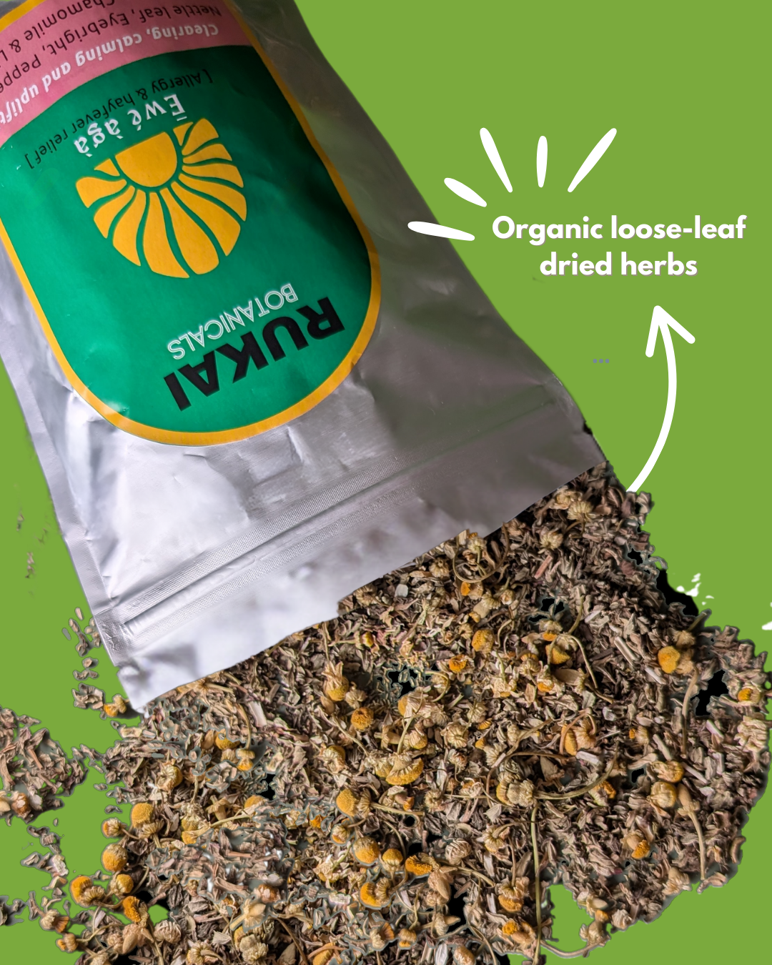 Hayfever allergy relief organic tea blend with anti histamine nettle leaf, peppermint, eyebright, chamomile loose leaf. Sinus relief - Rukai Botanicals